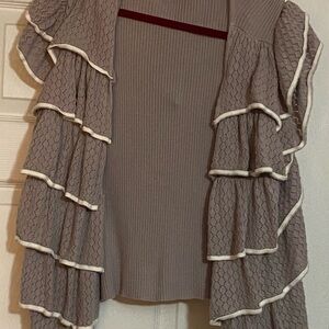 Taupe Ruffle-Trim Open-Front Women's Cardigan Sweater